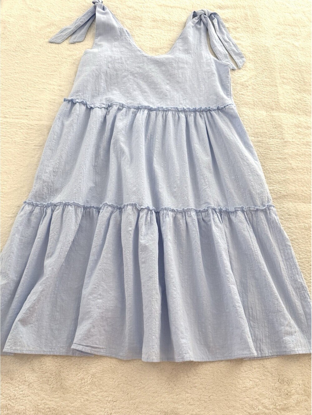 LS Women’s Blue Tiered Midi Dress Tie Shoulder Straps V Neck Beach Size M